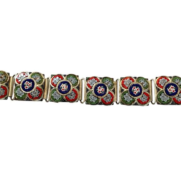 Vintage Italian Micro Mosaic Bracelet Floral Millefiori Glass Link Panel Jewelry - Picture 10 of 16